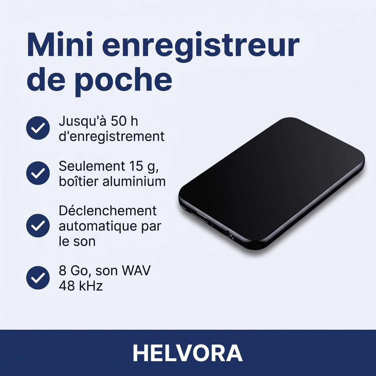 Mini enregistreur audio carré en aluminium, 40 × 40 mm, avec câble USB Type-C / Micro-USB