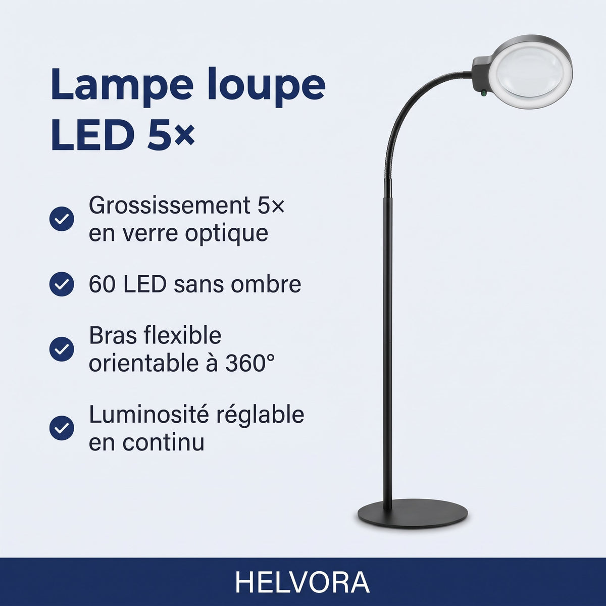 Lampe loupe LED 5× avec bras flexible et lentille ronde fixée sur un plan de travail