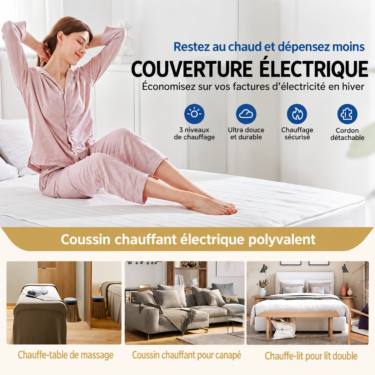 Couverture Chauffante Helvora HeatBed 160 – 160 × 130 cm, Minuterie 15 h & 220 V