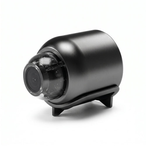 Mini-caméra Wi-Fi noire compacte avec objectif grand angle, carte microSD 32 Go incluse
