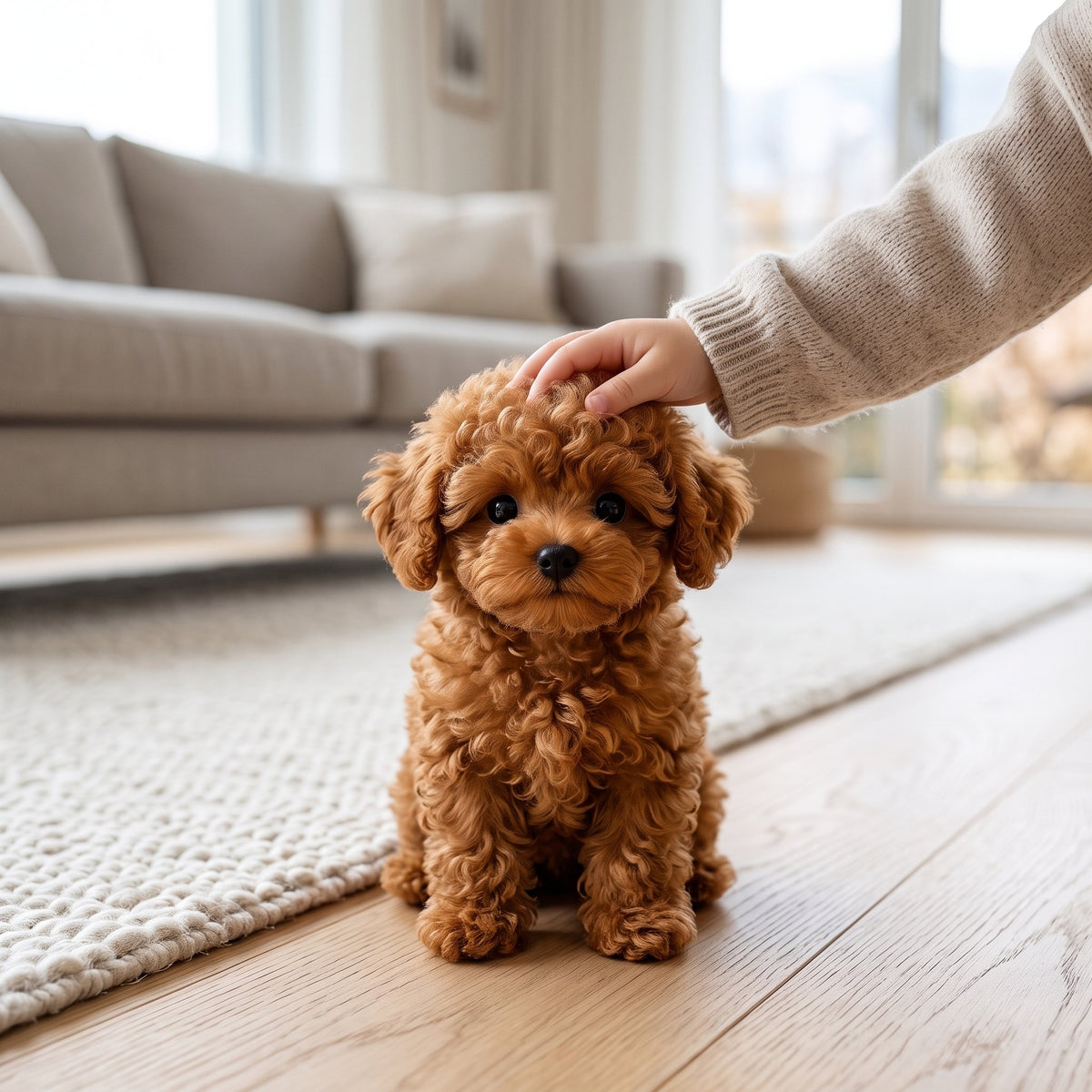 Peluche chien interactive au pelage doux, posée sur une surface claire