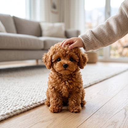 Peluche chien interactive au pelage doux, posée sur une surface claire