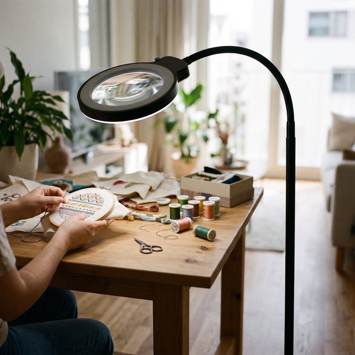 Lampe loupe LED 5× avec bras flexible et lentille ronde fixée sur un plan de travail