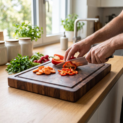 Planche à découper en bois de noyer massif à la maserie foncée