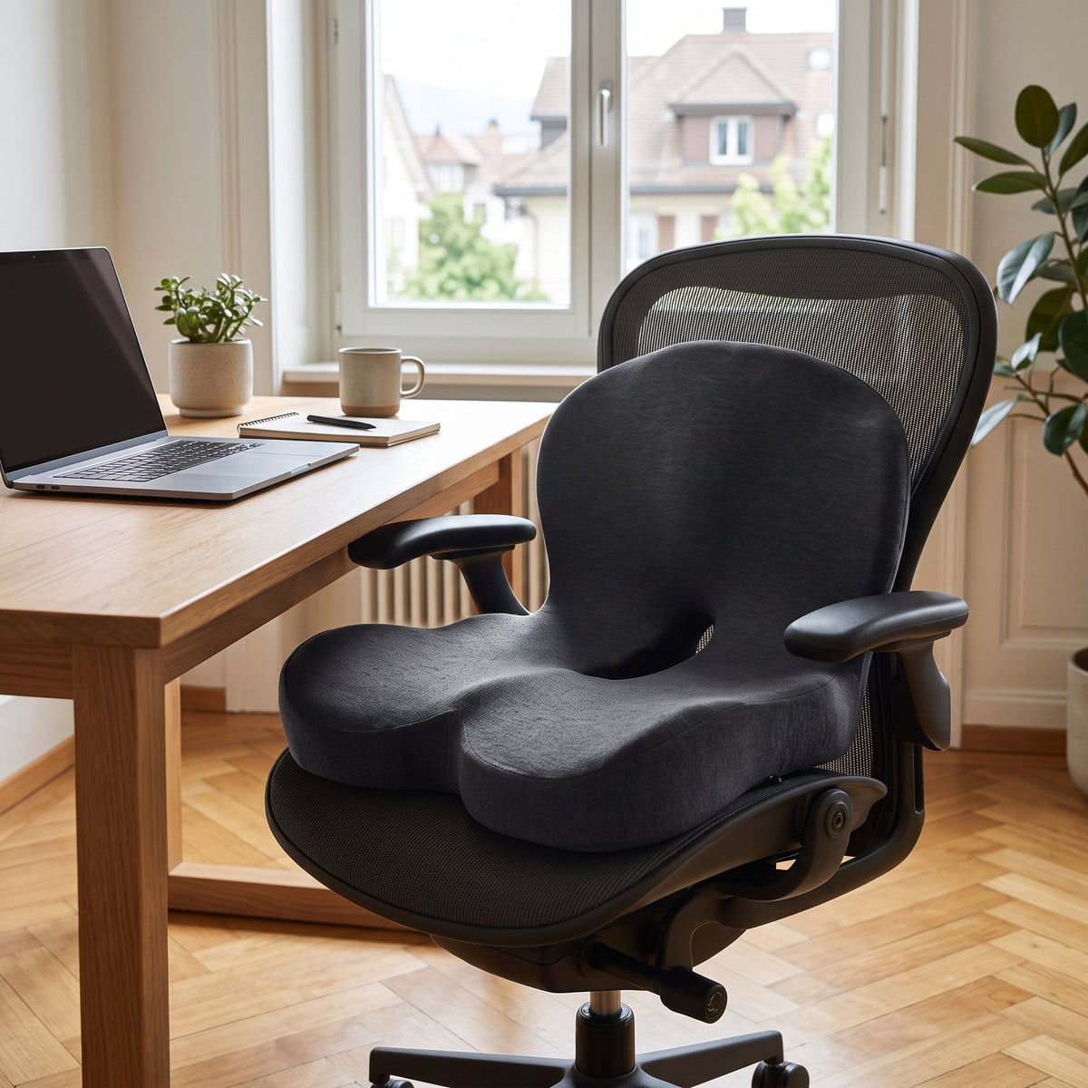 Coussin d'assise ergonomique en mousse à mémoire de forme posé sur une chaise