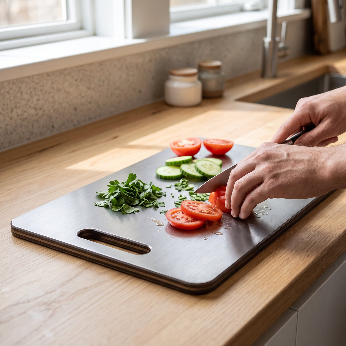 Planche à découper en titane à surface lisse posée sur un plan de travail de cuisine