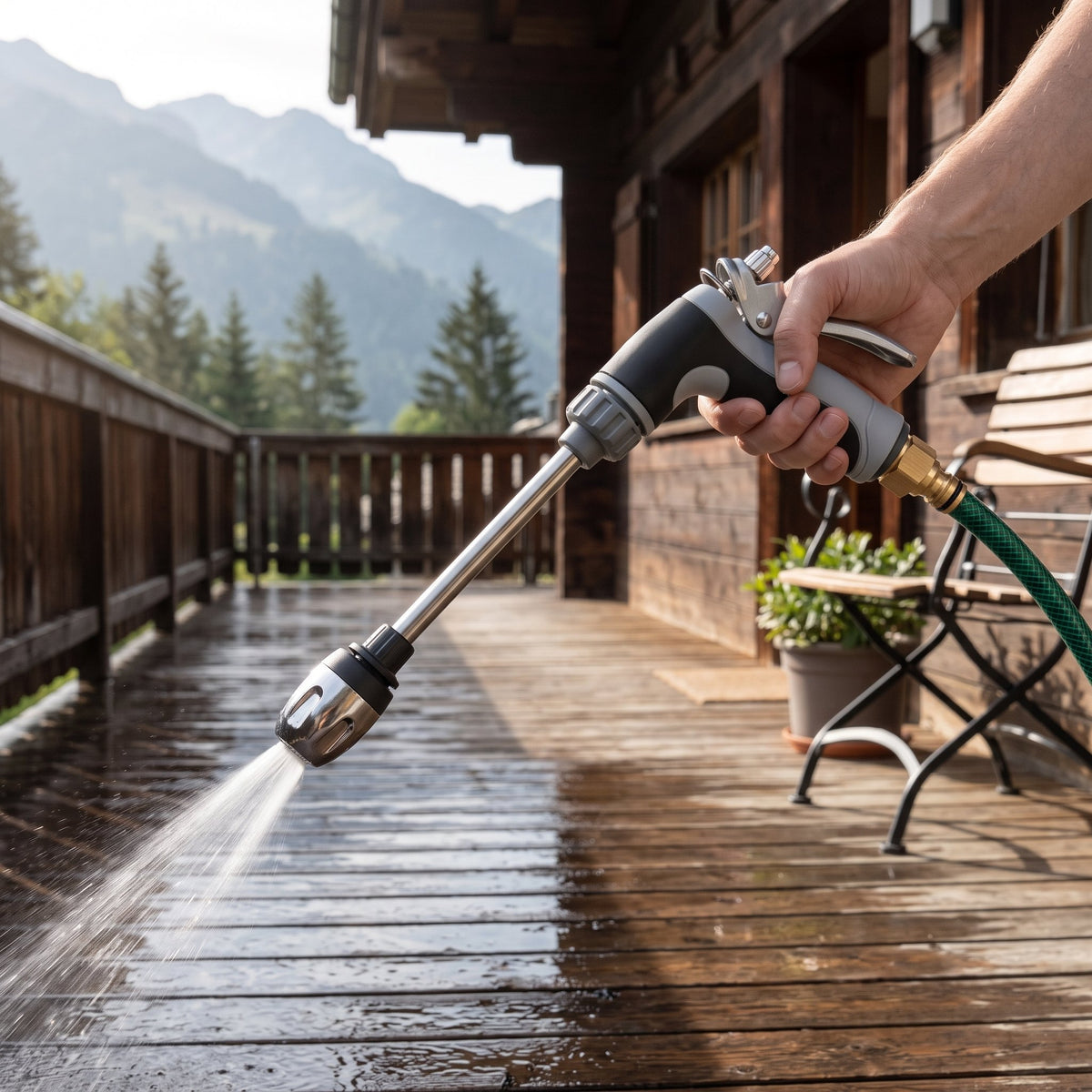 Embout de nettoyage à 3 jets avec tête orientable, fixé sur un tuyau d'arrosage de jardin