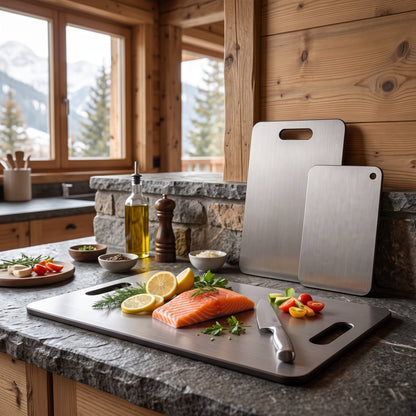 Planche à découper en titane à surface lisse posée sur un plan de travail de cuisine
