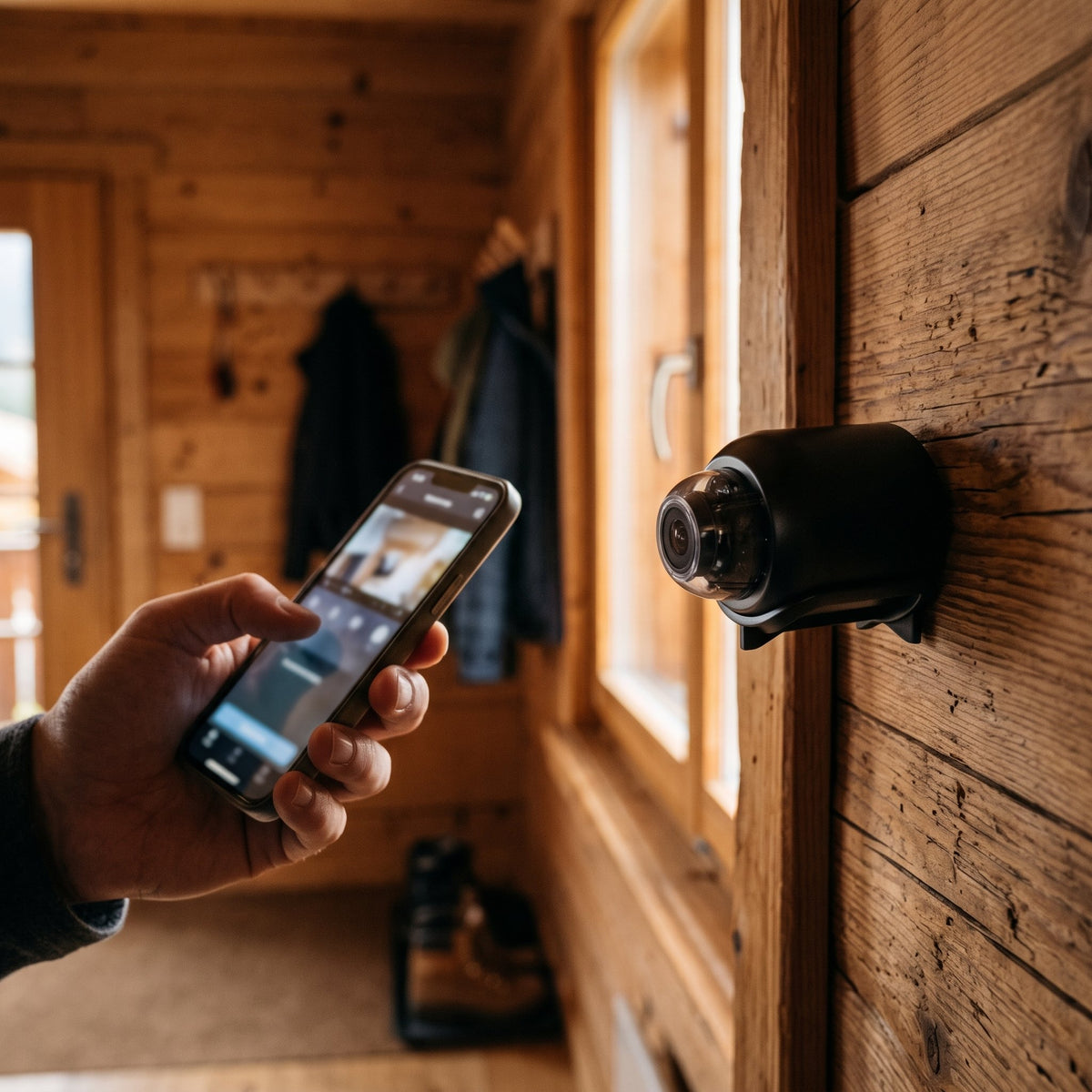 Mini-caméra Wi-Fi noire compacte avec objectif grand angle, carte microSD 32 Go incluse