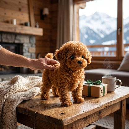 Peluche chien interactive au pelage doux, posée sur une surface claire