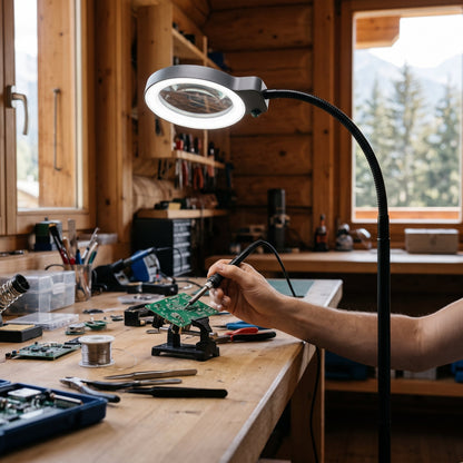 Lampe loupe LED 5× avec bras flexible et lentille ronde fixée sur un plan de travail