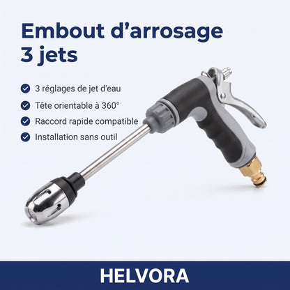 Embout de nettoyage à 3 jets avec tête orientable, fixé sur un tuyau d'arrosage de jardin