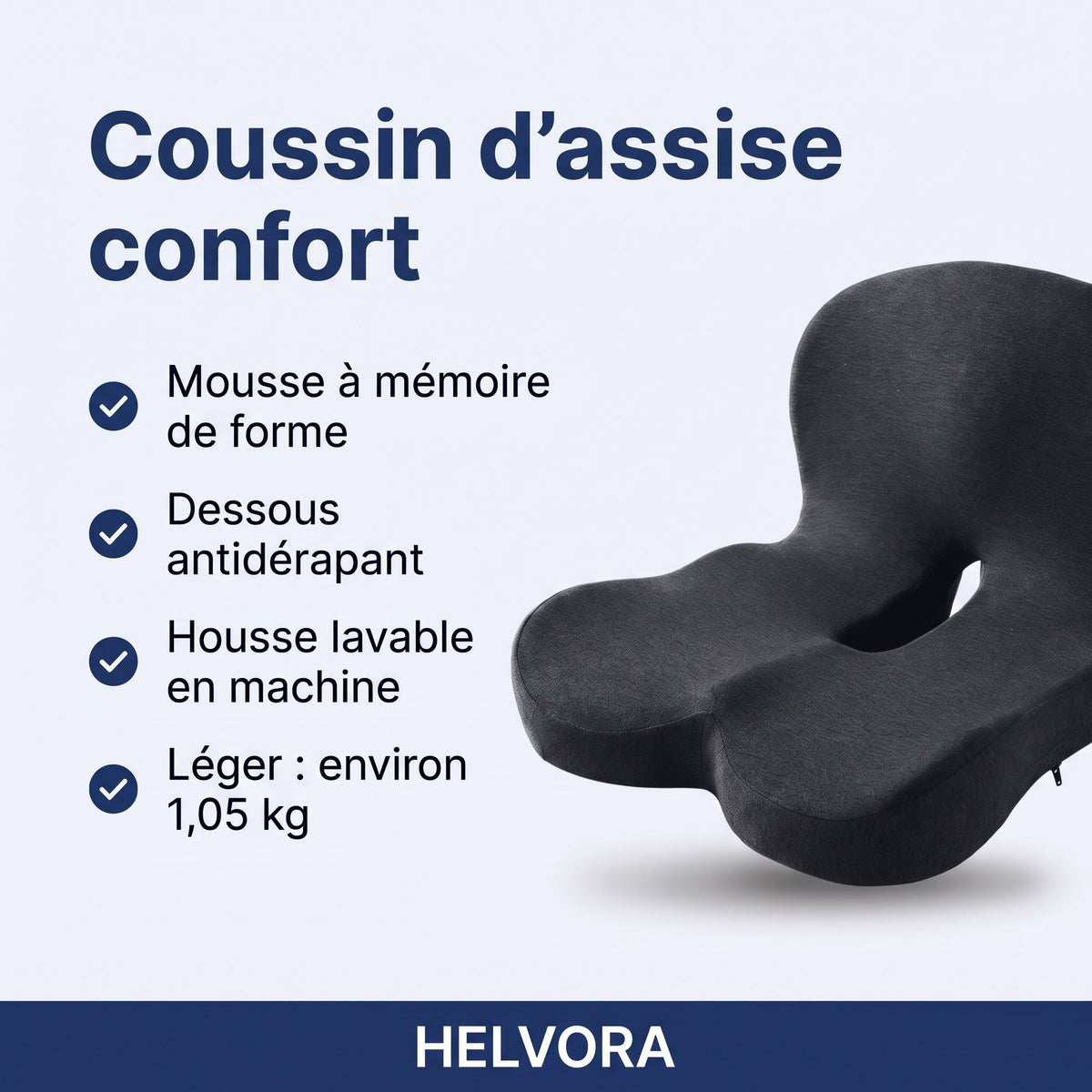Coussin d'assise ergonomique en mousse à mémoire de forme posé sur une chaise
