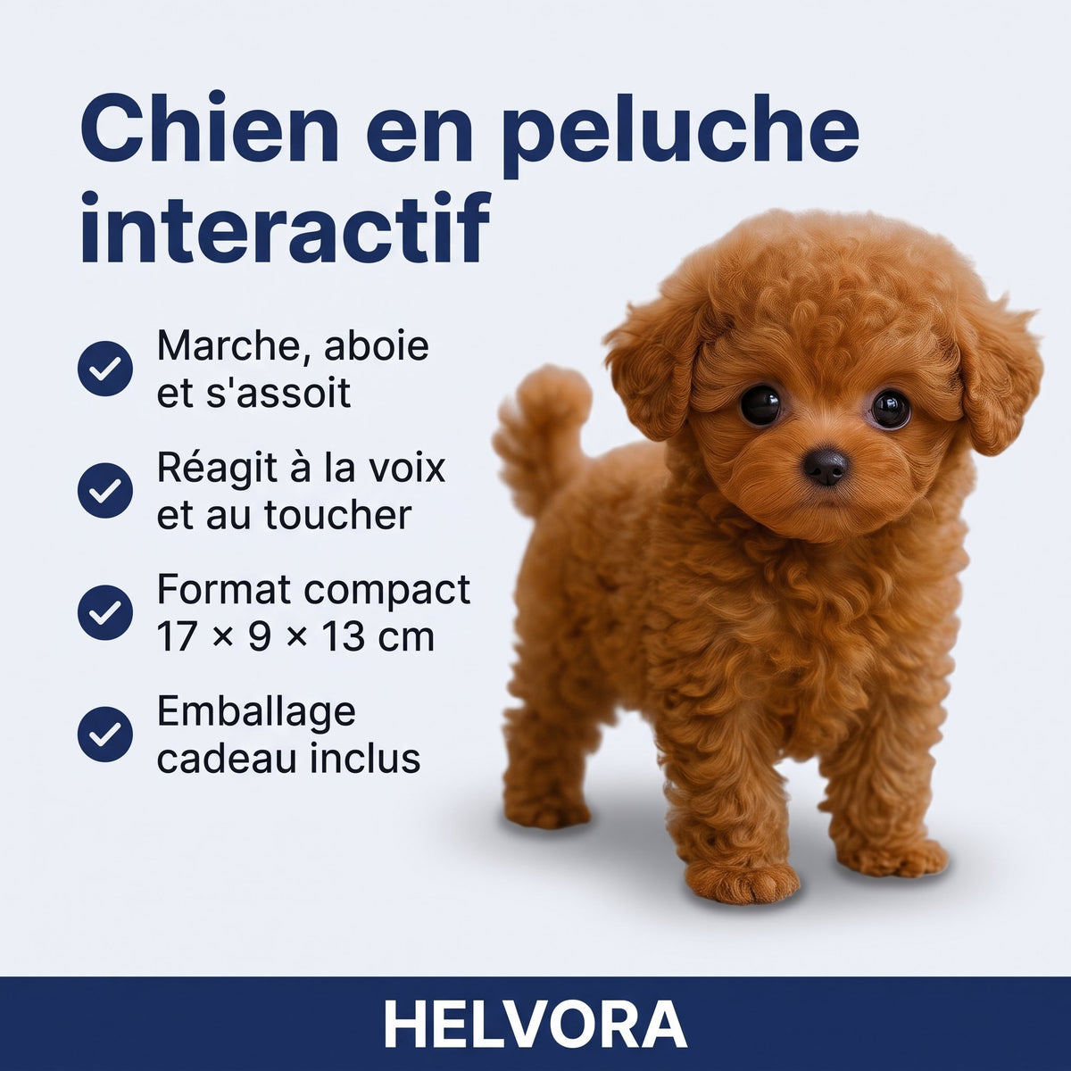 Peluche chien interactive au pelage doux, posée sur une surface claire