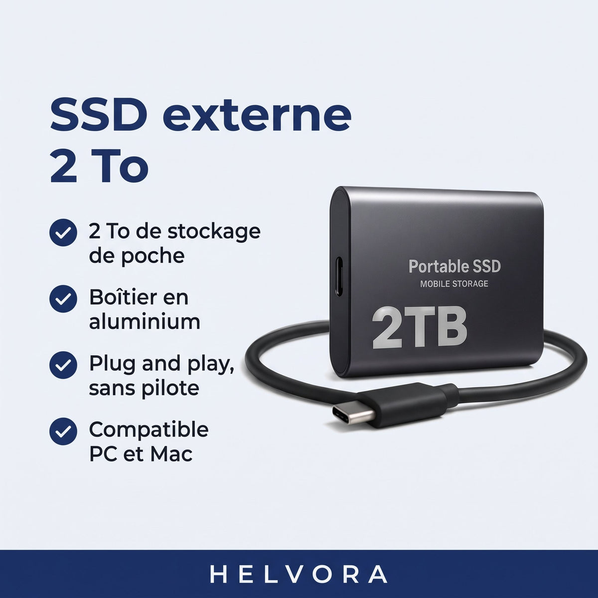 SSD externe 2 To ultracompact en boîtier aluminium, connexion USB