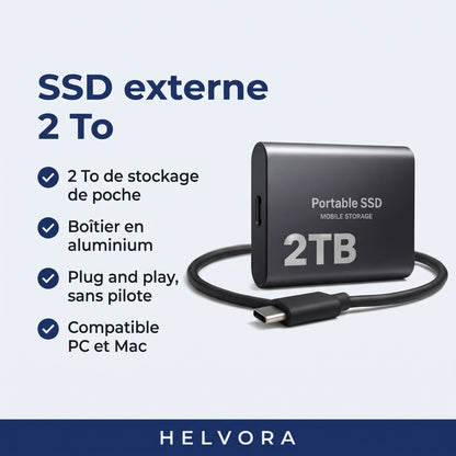 SSD externe 2 To ultracompact en boîtier aluminium, connexion USB