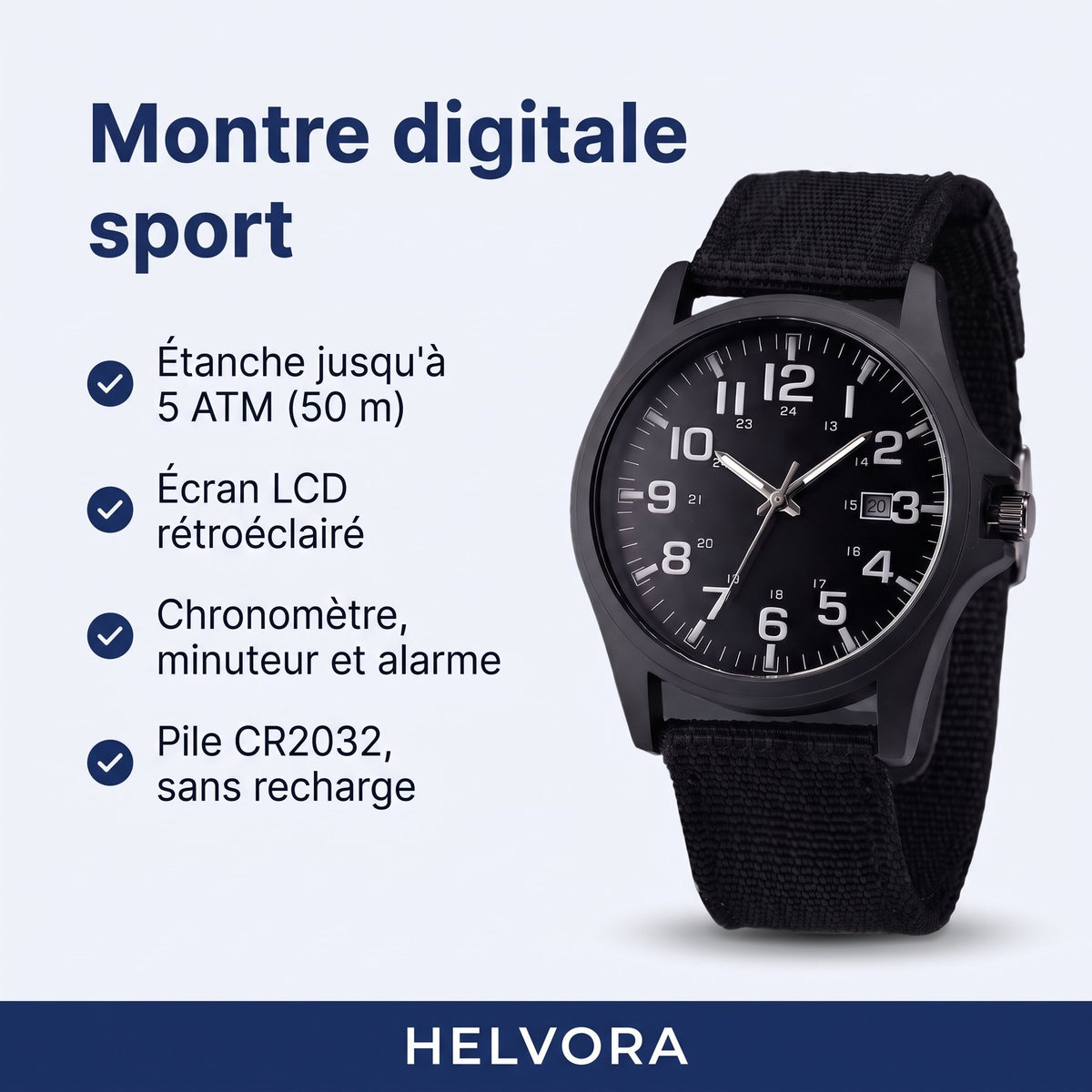 Montre digitale sport au design militaire avec bracelet en silicone et écran LCD rétroéclairé