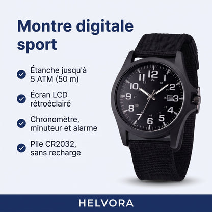 Montre digitale sport au design militaire avec bracelet en silicone et écran LCD rétroéclairé