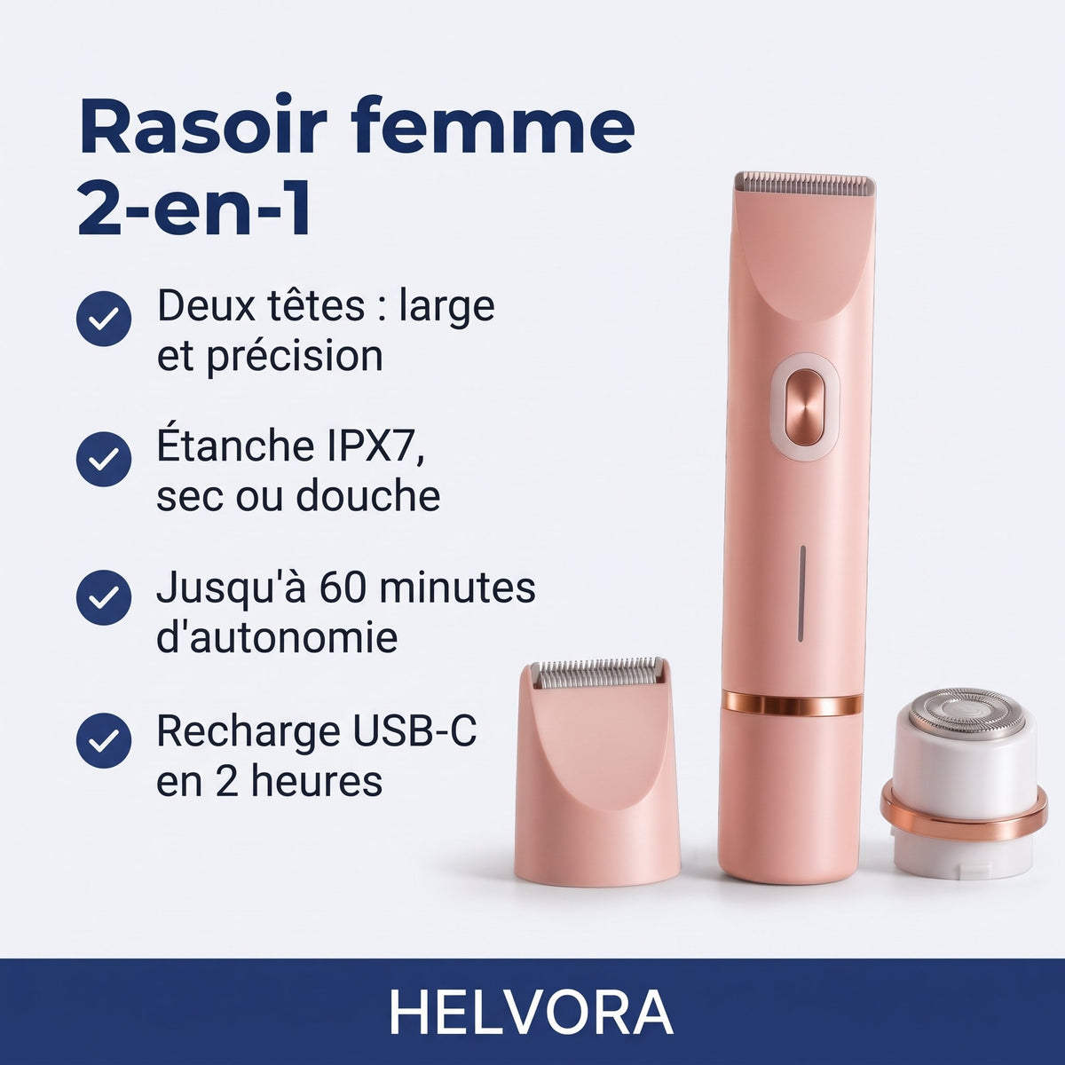 Rasoir électrique femme 2-en-1 sans fil avec deux têtes de rasage, coloris rose
