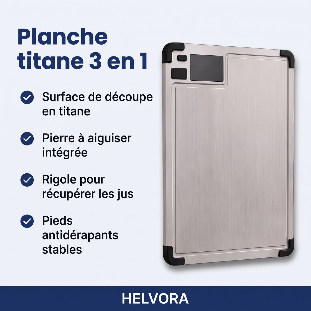 Planche à découper en titane avec rigole à jus et pierre à aiguiser intégrée