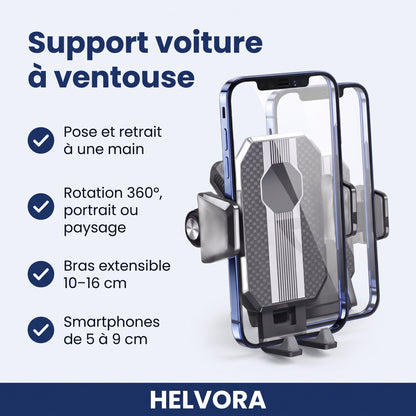 Support de téléphone noir à ventouse avec bras extensible pour voiture