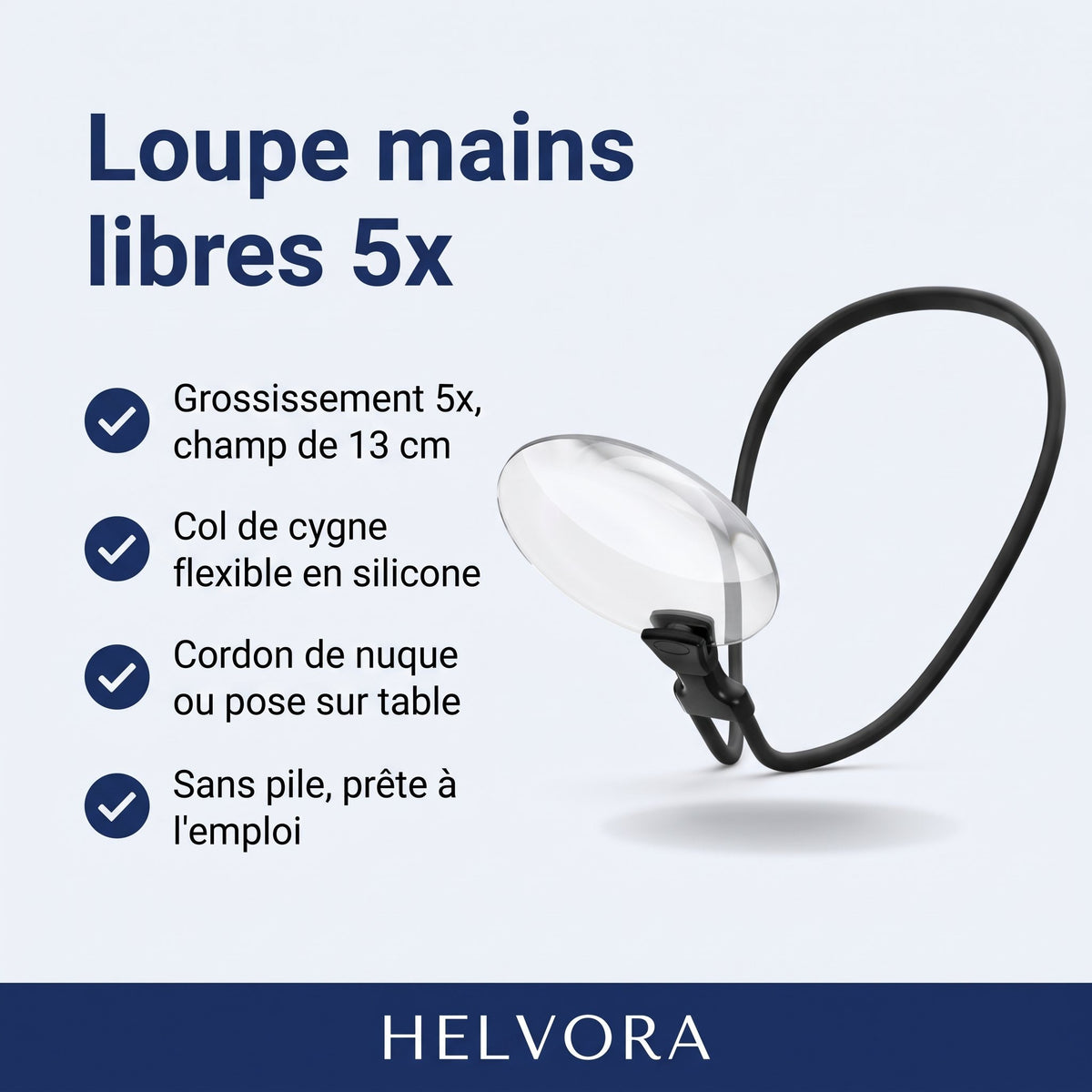Loupe mains libres 5x avec col de cygne flexible recouvert de silicone et cordon de nuque