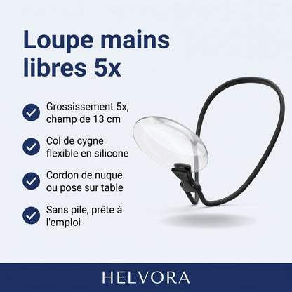 Loupe mains libres 5x avec col de cygne flexible recouvert de silicone et cordon de nuque