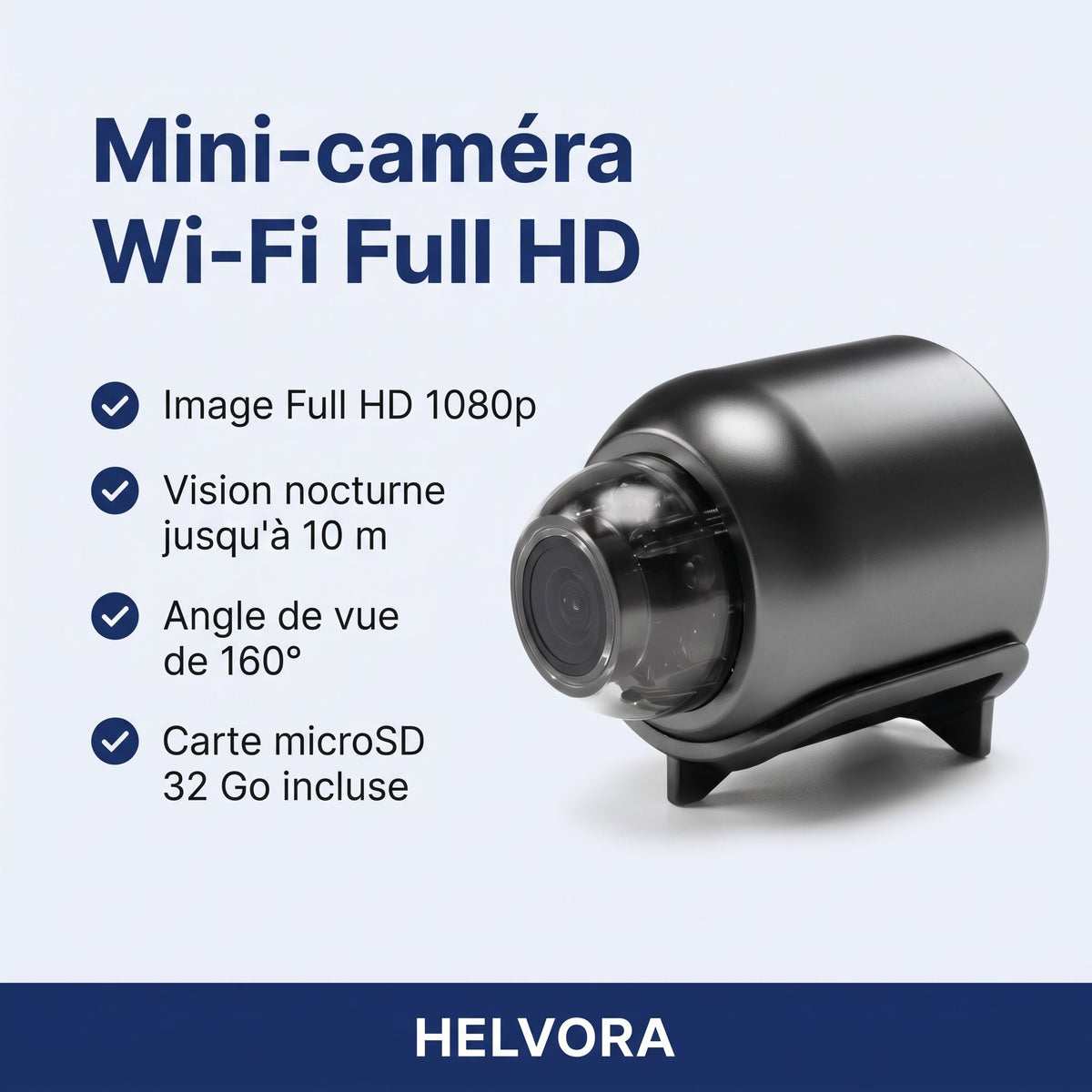 Mini-caméra Wi-Fi noire compacte avec objectif grand angle, carte microSD 32 Go incluse