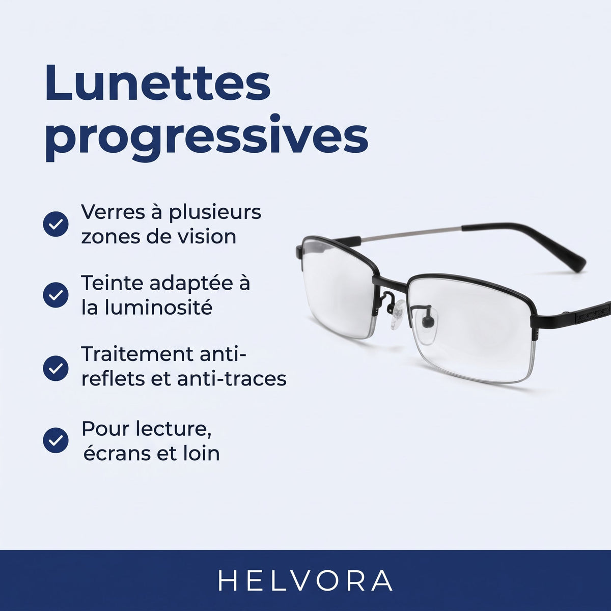 Lunettes progressives multifocales à monture noire, vue de face