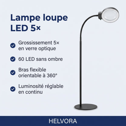 Lampe loupe LED 5× avec bras flexible et lentille ronde fixée sur un plan de travail