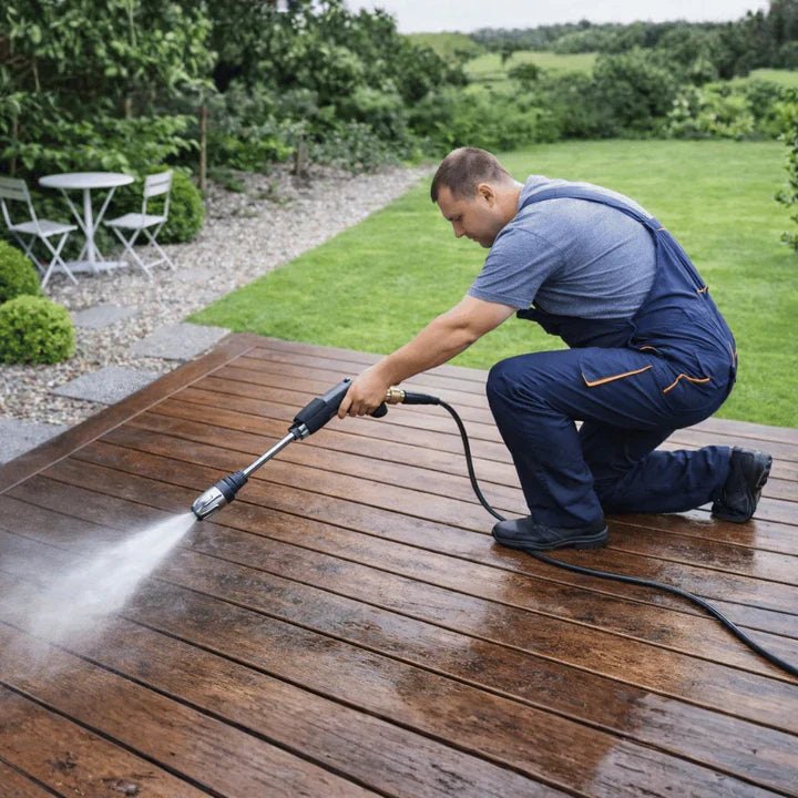 Embout de nettoyage à 3 jets avec tête orientable, fixé sur un tuyau d'arrosage de jardin