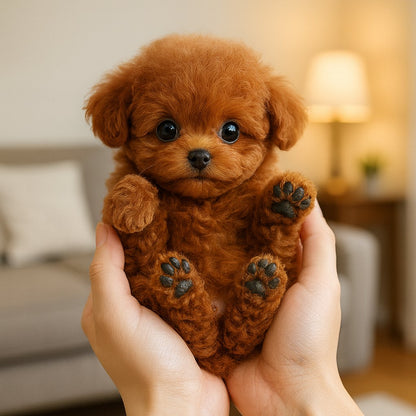 Peluche chien interactive au pelage doux, posée sur une surface claire