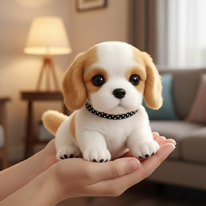 Peluche chien interactive au pelage doux, posée sur une surface claire