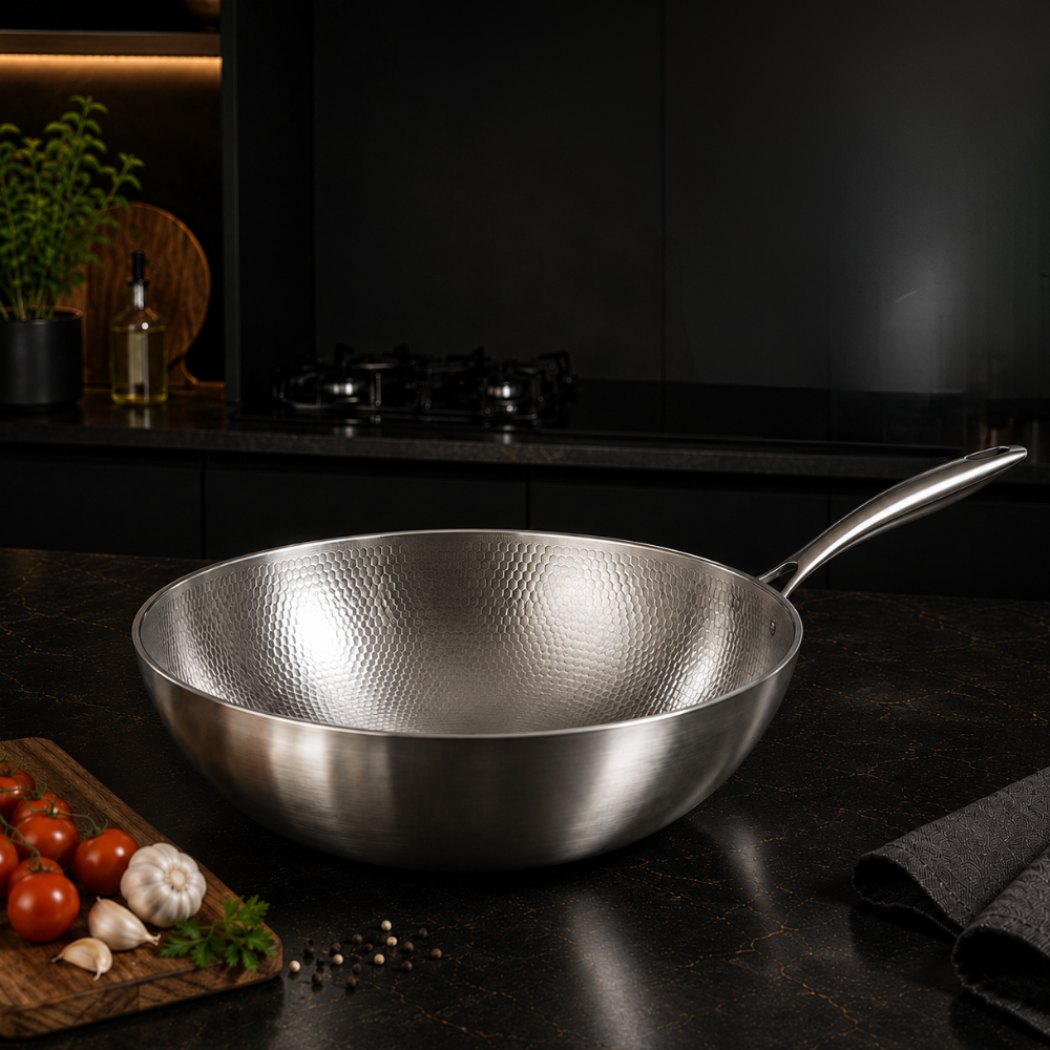 Wok en titane bombé sans revêtement posé sur une plaque de cuisson