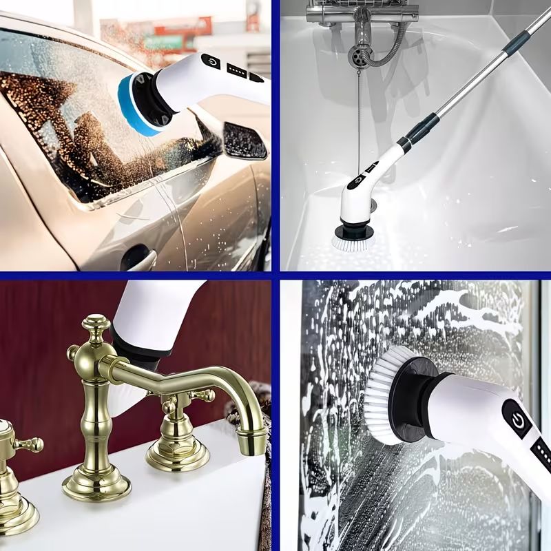 Brosse de nettoyage électrique : tête 9-en-1, outil multifonction rotatif et flexible pour salle de bain, sols, interstices et vitres de douche.