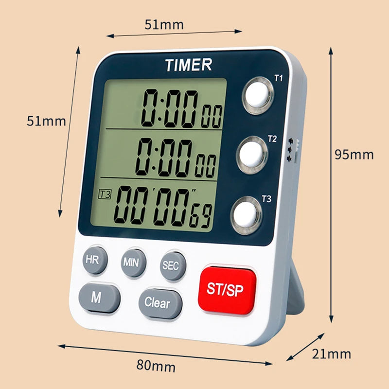 Minuterie de cuisine numérique à 3 canaux, compte à rebours/bas, réglable, 3 niveaux de Volume, réveil, écran LCD, minuterie clignotante muette