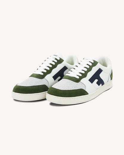 Baskets cuir blanc, bleu et kaki