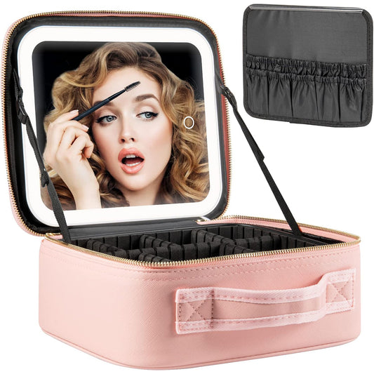 Trousse de maquillage avec miroir LED, grande mallette de voyage, organisateur de cosmétiques, sacs de maquillage avec 3 lumières colorées et séparateurs réglables