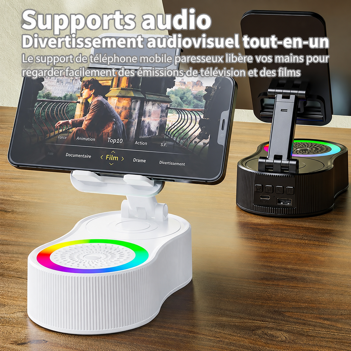 Support Téléphone 3-en-1 Helvora SpinSound – Rotation 360°, Enceinte Bluetooth & Lumière RGB