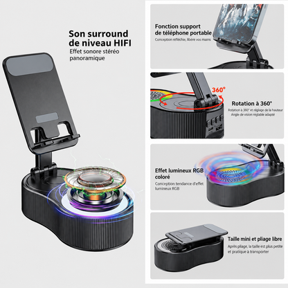 Support Téléphone 3-en-1 Helvora SpinSound – Rotation 360°, Enceinte Bluetooth & Lumière RGB