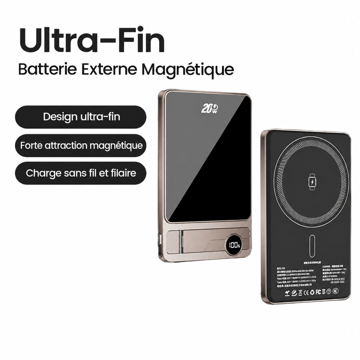 Batterie Externe Magnétique Helvora MagPower 10000 – 10 000 mAh & Charge Sans Fil