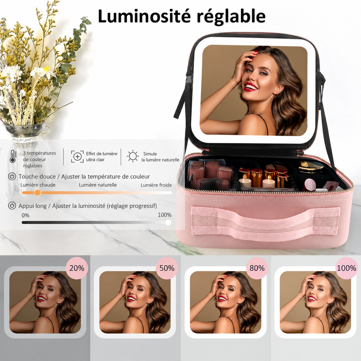 Trousse de Maquillage LED Helvora GlowCase – Miroir Lumineux & 3 Teintes Réglables