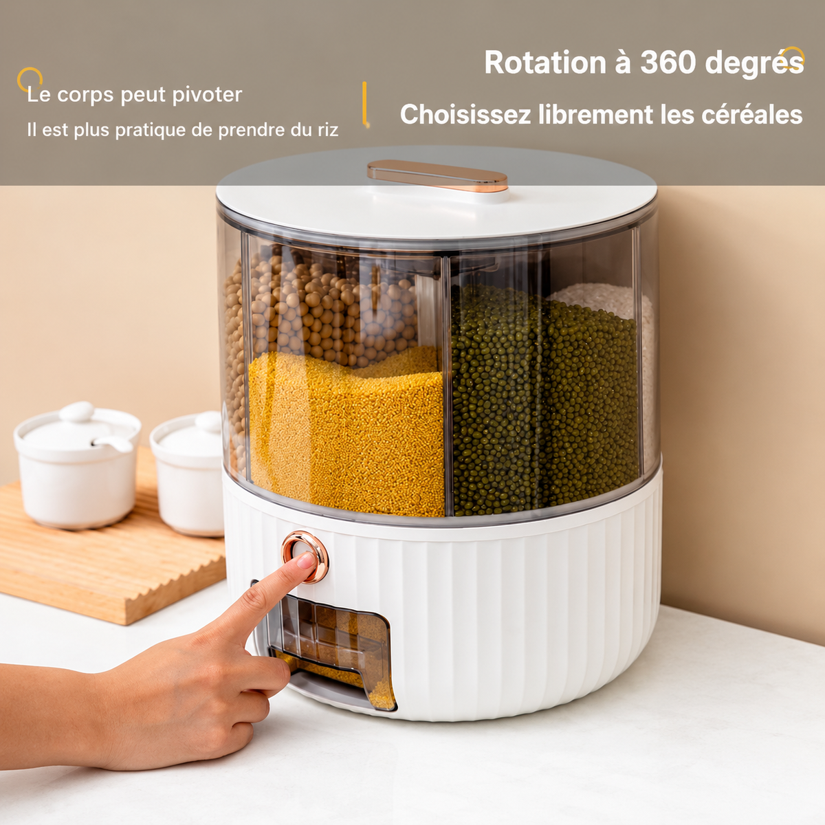 Distributeur Rotatif de Céréales Helvora GrainSpin 360 – Rangement 360° en PET + PE