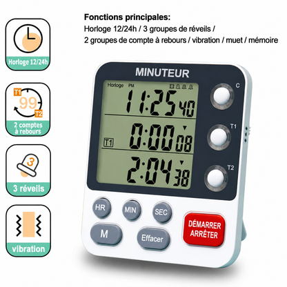 Minuterie Numérique Helvora TimeMaster 3 – 3 Minuteurs Indépendants & Écran LCD