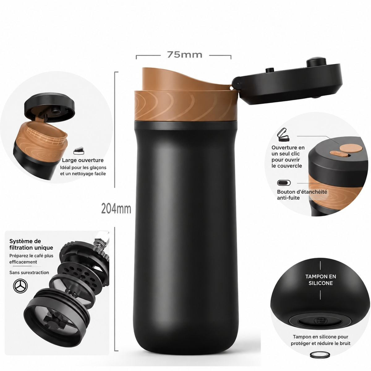 Cafetière à Piston Nomade Helvora PressGo – Isotherme en Acier Inoxydable