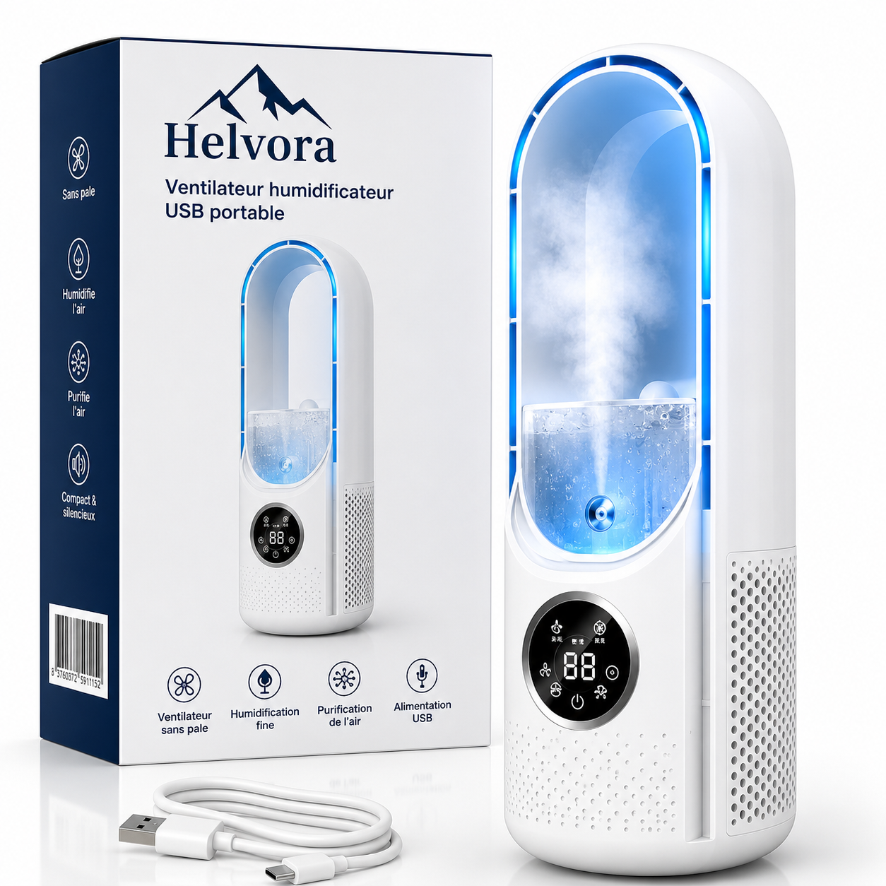 Ventilateur Sans Pale Helvora™ FreshAir – Rafraîchisseur & Humidificateur USB