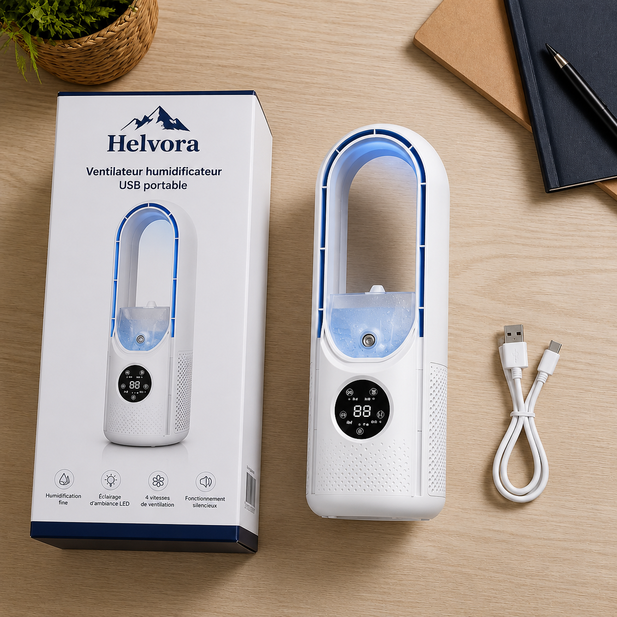 Ventilateur Sans Pale Helvora™ FreshAir – Rafraîchisseur & Humidificateur USB