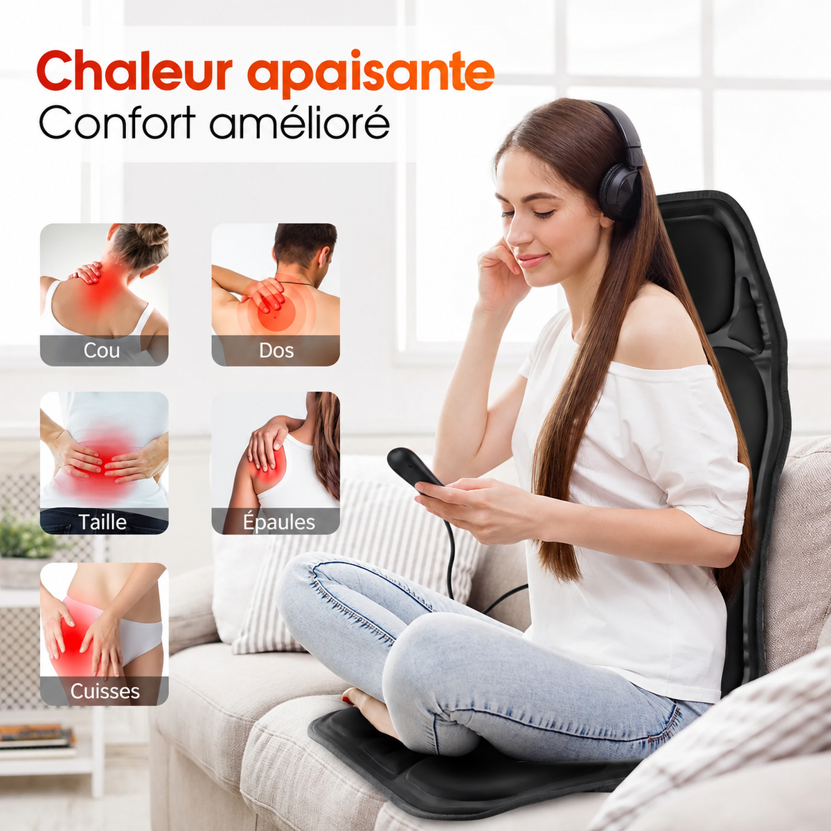 Coussin Massant Chauffant Helvora BackRelax – Vibration, Chaleur Infrarouge & Soutien Lombaire