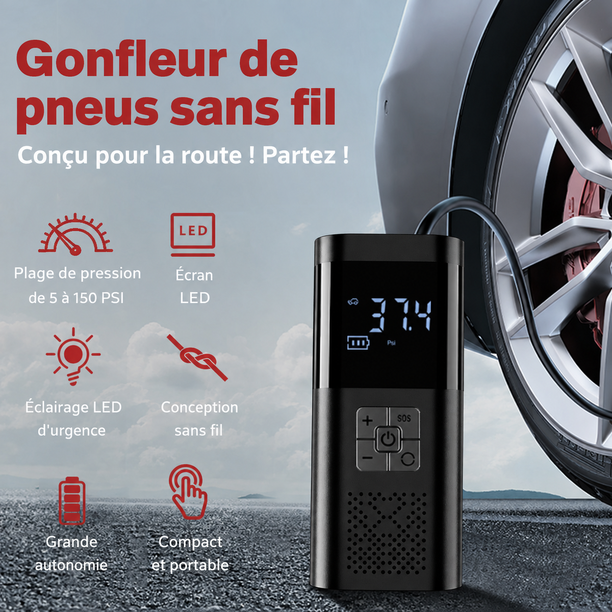Compresseur Portable Helvora AirPump 12V – Gonfleur de Pneus avec Écran Numérique
