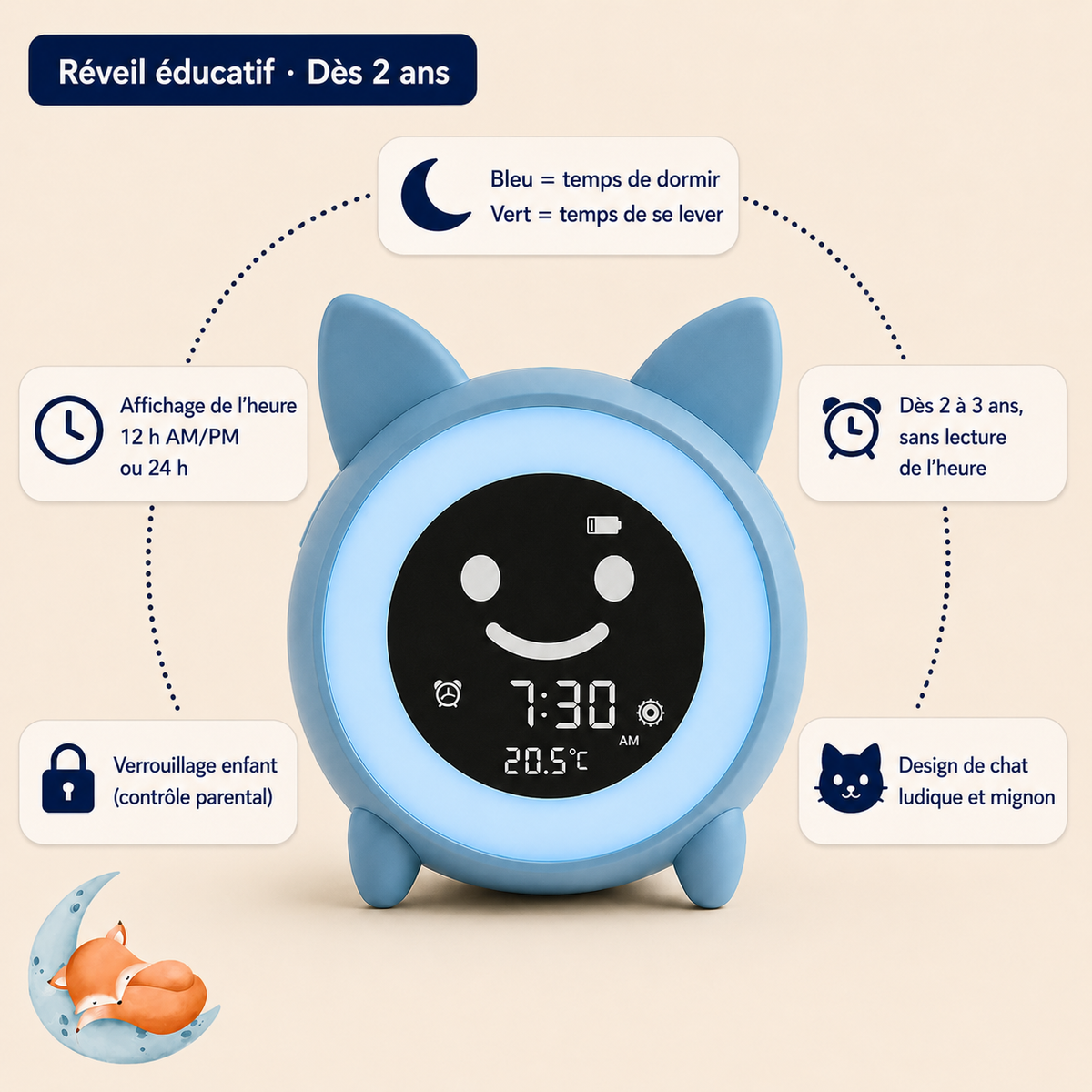 Réveil Éducatif Helvora LumiChat – Veilleuse Jour & Nuit pour Enfant